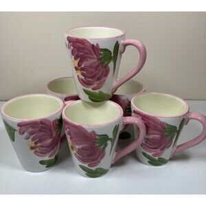 Paula Deen Set of 6 At Home Pink "Peony Patch" Coffee Cup Mug Handpainted